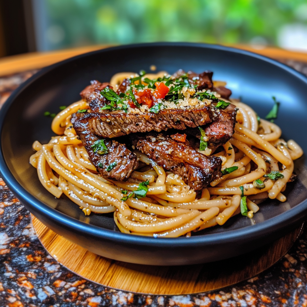 Spicy Garlic Steak Pasta