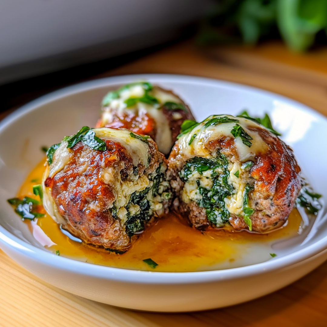 Spinach Garlic Meatballs Stuffed with Mozzarella